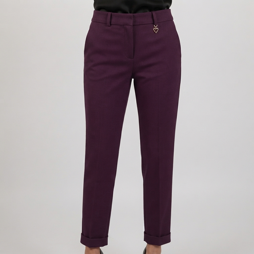 Pantaloni Eleganti Donna Viola Prugna con Risvolto sul Fondo e Pendente a Cuore