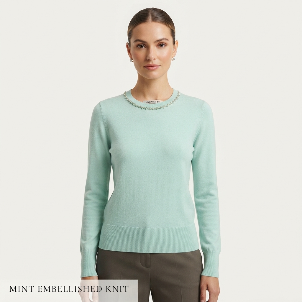 Maglia Donna  In Viscosa Verde Menta Girocollo con Dettaglio Gioiello
