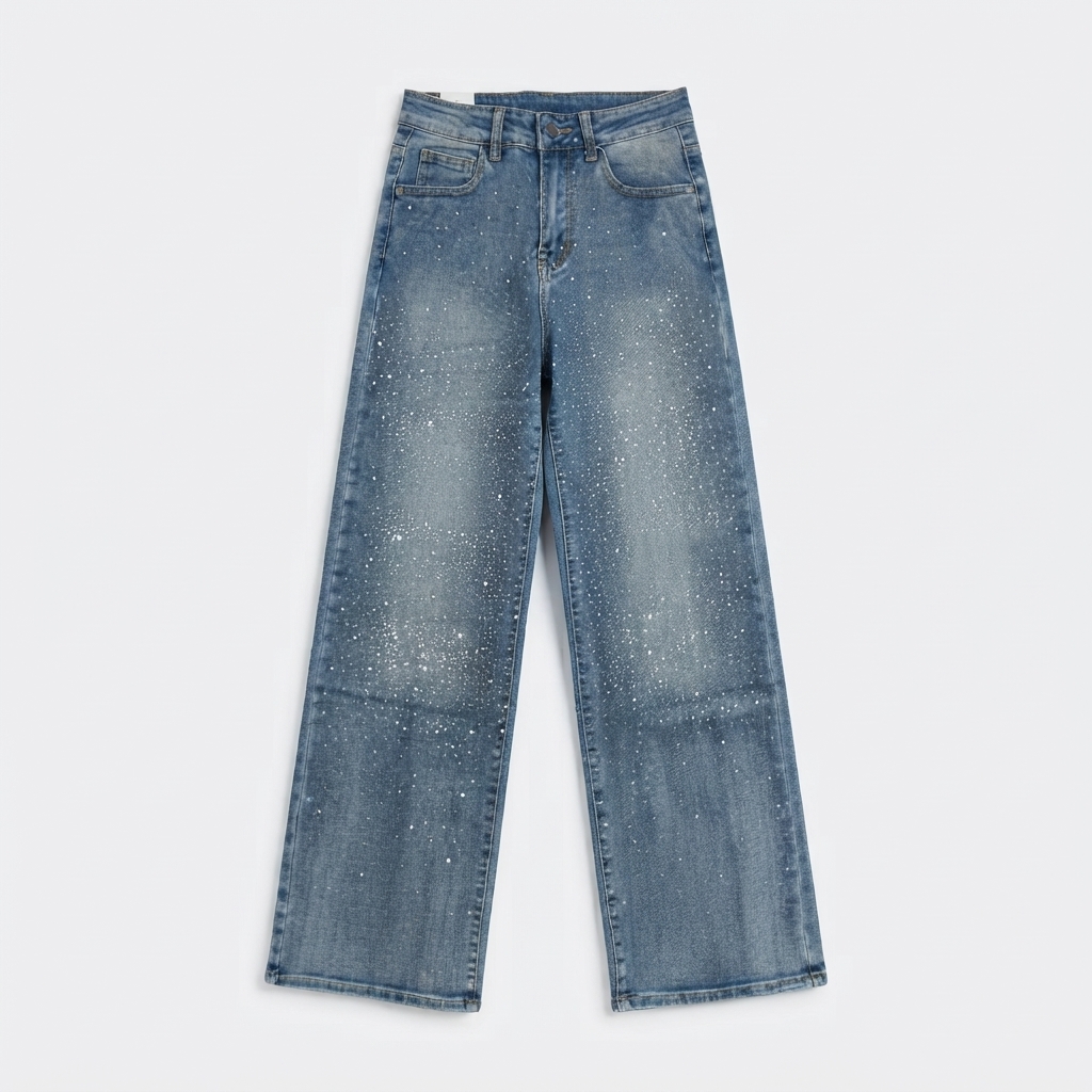 Jeans Wide Leg Donna a Vita Alta – Denim Chiaro con Strass e Brillantini Applicati