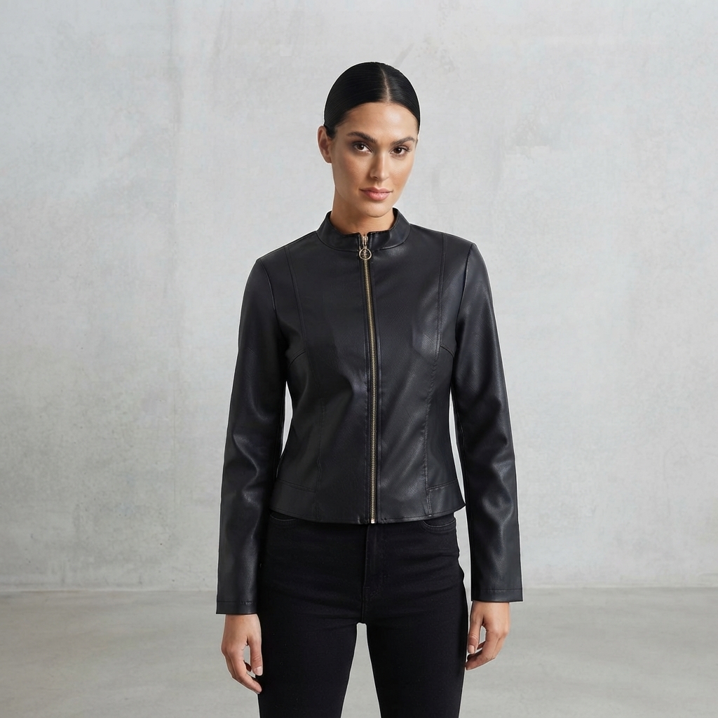 Giacca in Ecopelle Nera Donna Minimal – Giubbotto Sagomato con Collo alla Coreana e Zip