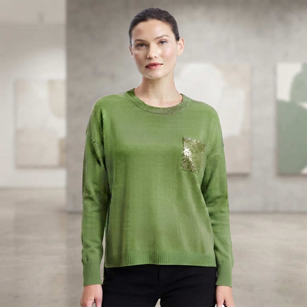 Maglia da donna verde oliva a maniche lunghe con tasca applicata in paillettes – Girocollo, vestibilità rilassata, casual-chic