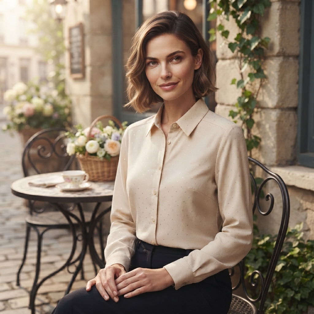 Camicia Donna Beige in Viscosa con Micro-Punti Luce – Eleganza Fluid e Comfort