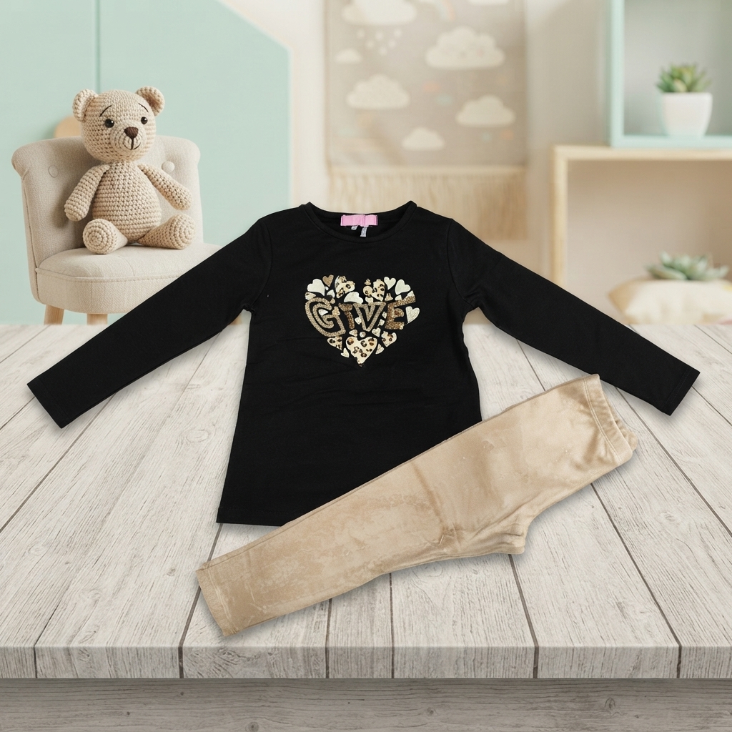 Completo Bambina Due Pezzi: Maglia Nera a Maniche Lunghe con Cuore Glitter e Leggings Beige
