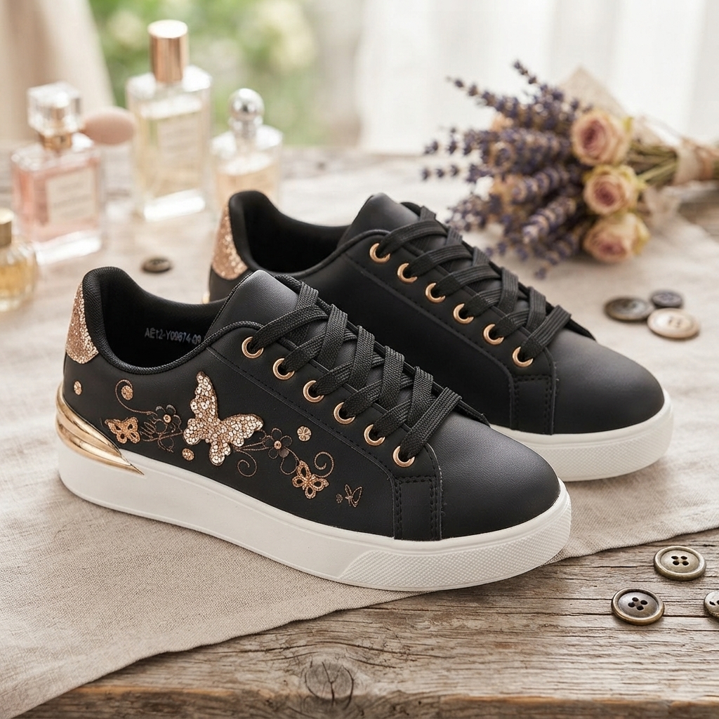 Sneakers Nere Donna Eleganti con Decorazioni Farfalla e Strass Dorati – Scarpe da Ginnastica Comode e Trendy