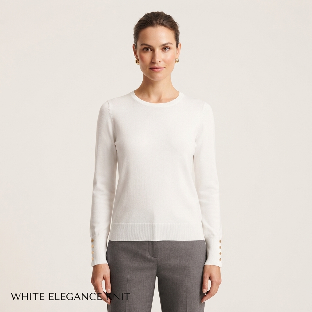 Maglia Donna Bianca Girocollo in Viscosa – Pullover Elegante con Bottoni sui Polsini