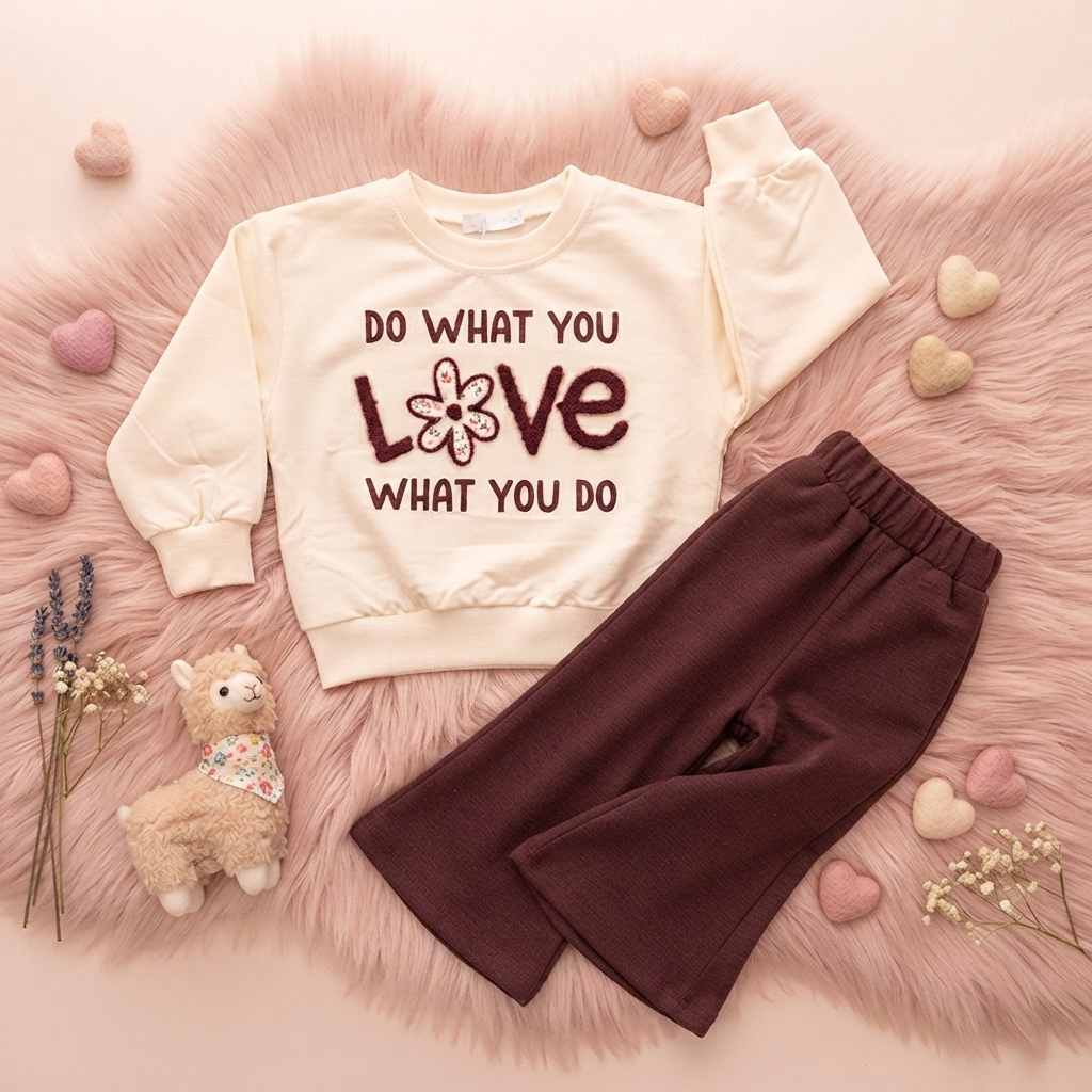 Completo Bambina Felpa Panna con Scritta “Love” e Pantaloni a Zampa Marrone Cioccolato
