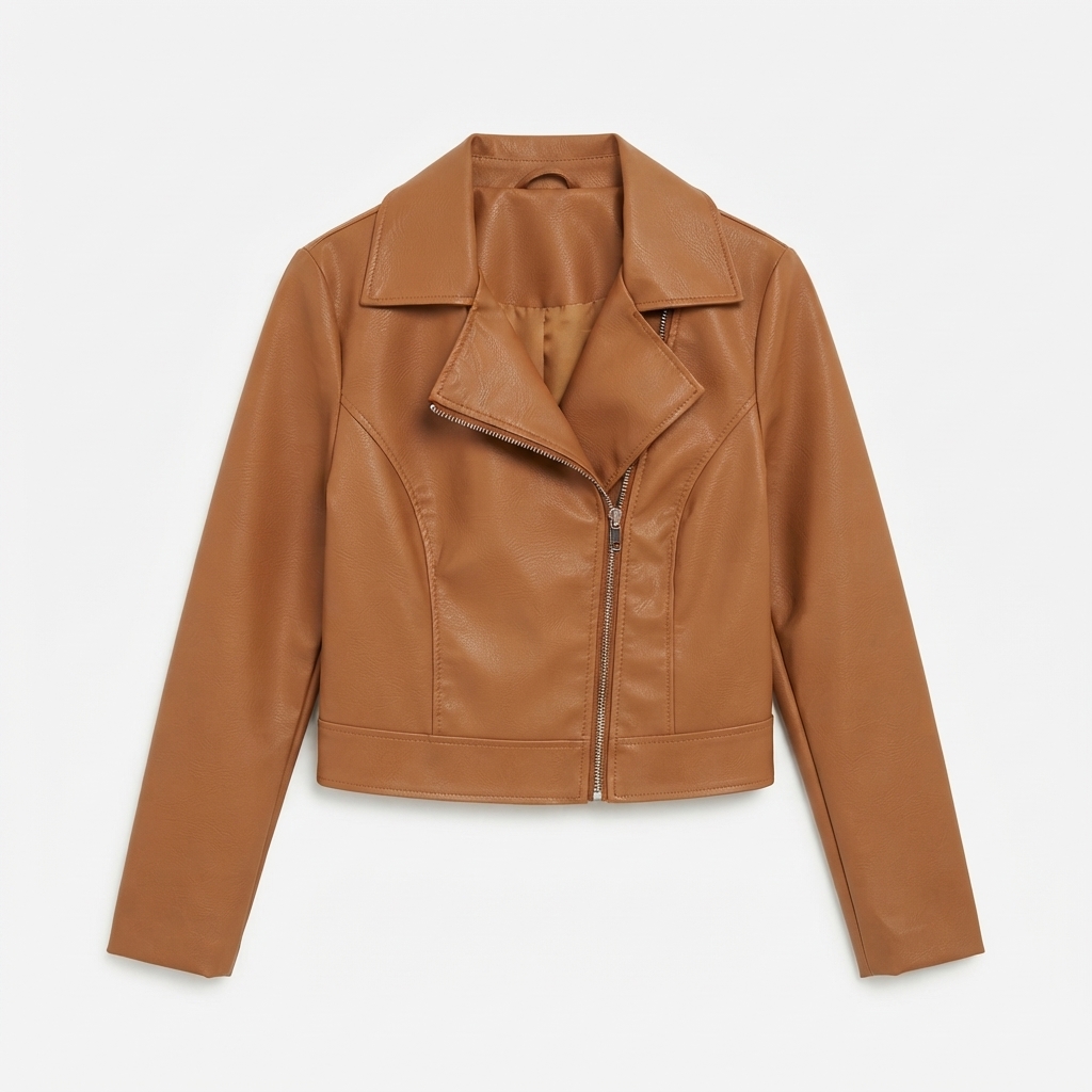 Giacca Donna in Similpelle Cognac Stile Biker – Chiodo Corto con Cerniera Asimmetrica