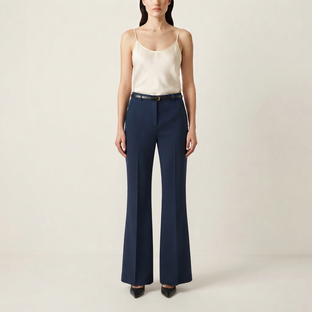 Pantaloni Eleganti Blu Notte a Vita Alta a Zampa con Piega Centrale