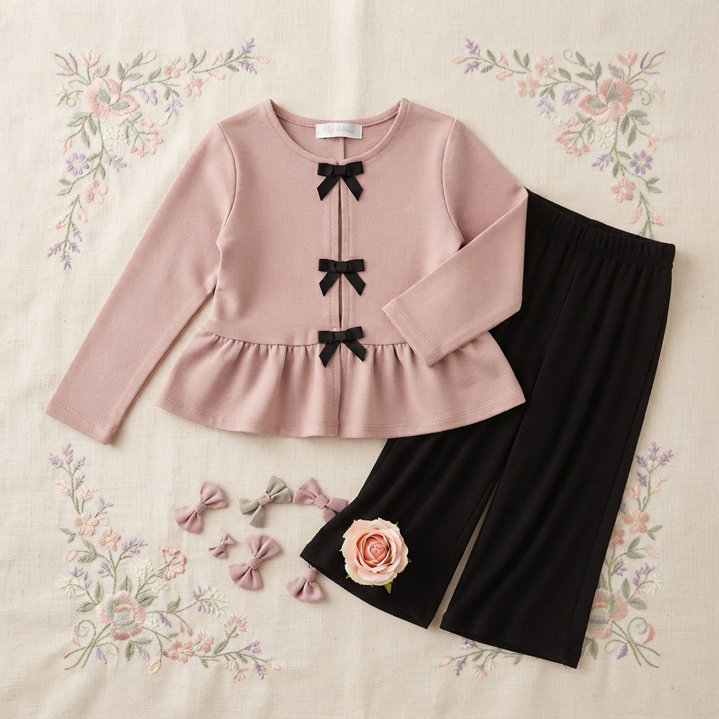 Completo Bambina Elegante: Blusa Rosa Antico con Fiocchi Neri e Pantaloni Svasati