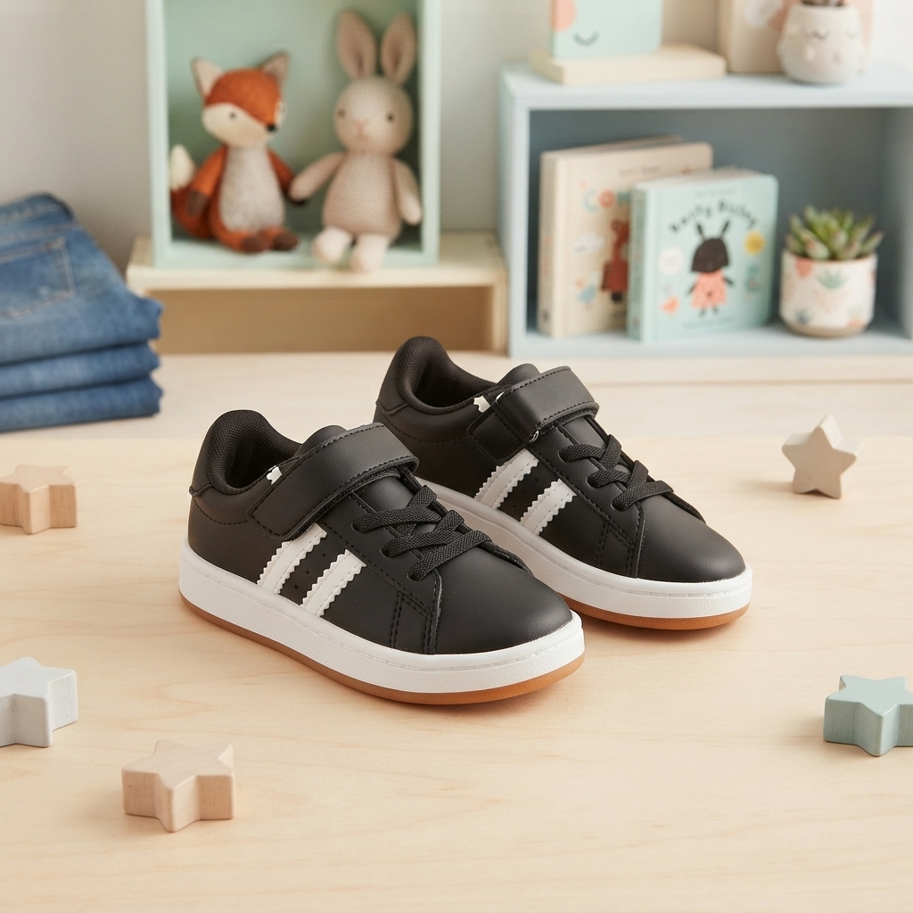 Sneakers Bambino Nere con Chiusura a Velcro e Lacci Elastici – Scarpe Sportive