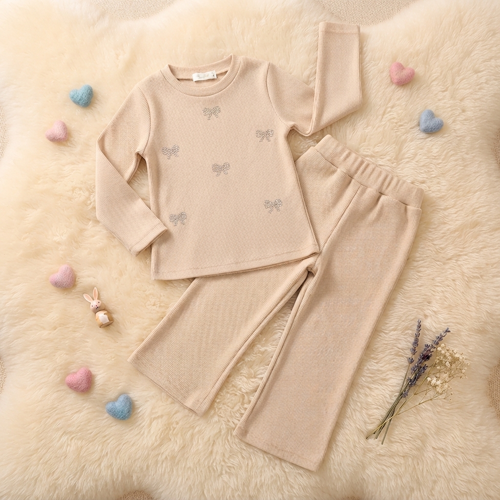 Completo Bambina in Maglia Costinata Beige con Fiocchetti Strass | Set Maglia e Pantalone Svasato