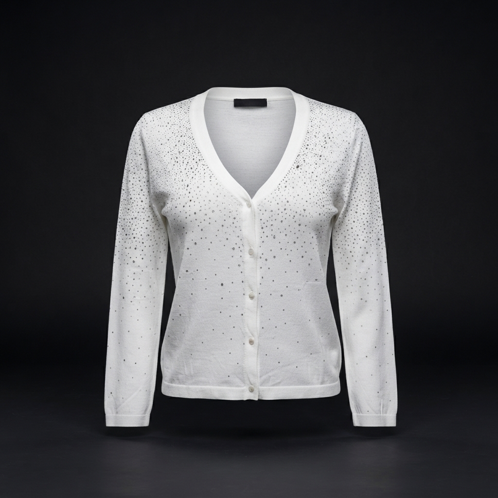 Cardigan Donna Bianco con Strass Sfumati – Maglioncino Elegante Scollo a V