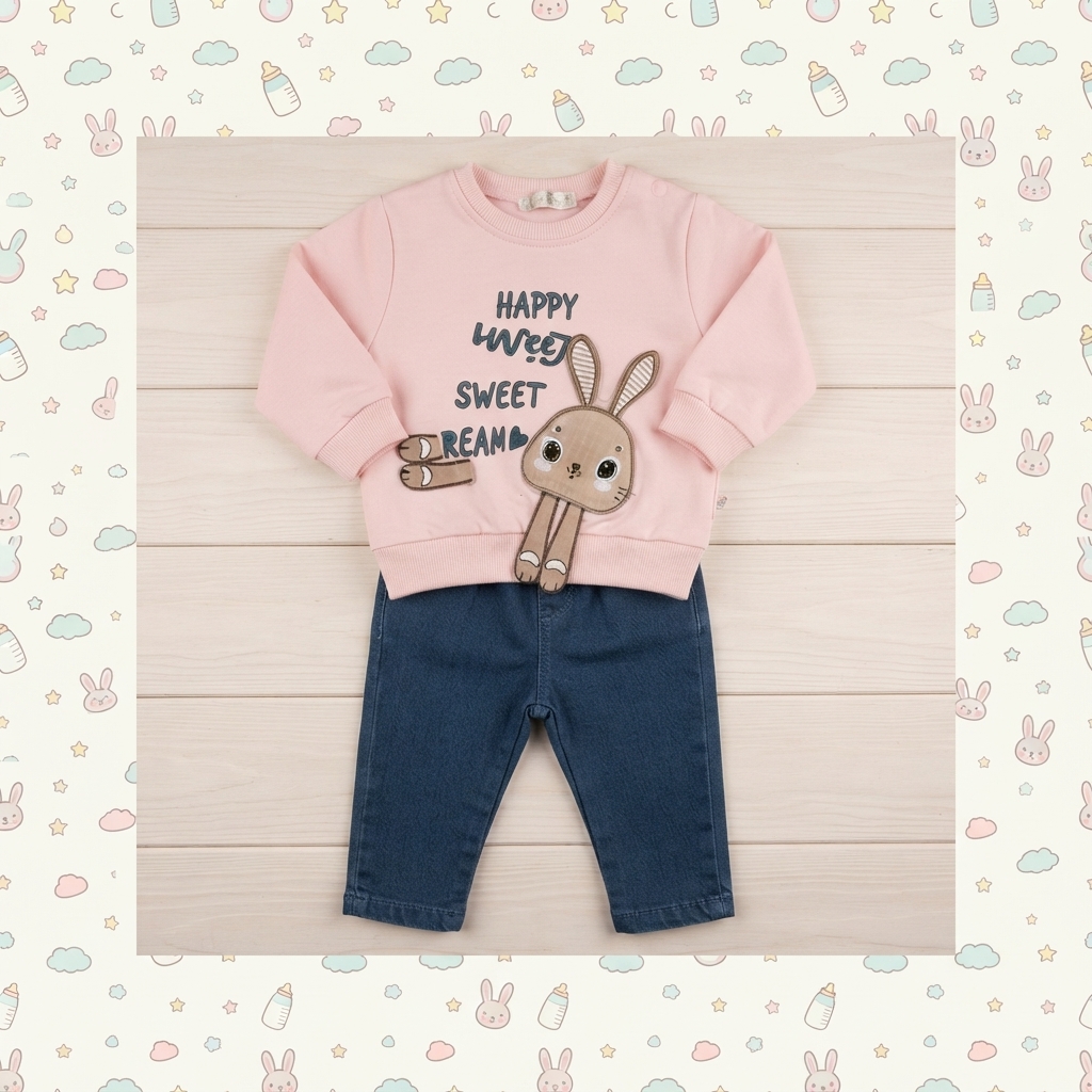 Completo Neonata Felpa Rosa con Coniglietto e Pantaloni in Denim Elasticizzato