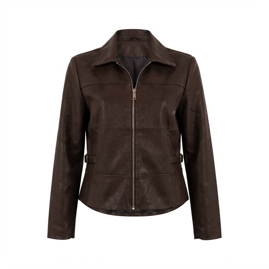 Giubbino in Ecopelle Marrone Vintage con Colletto e Fibbie Laterali