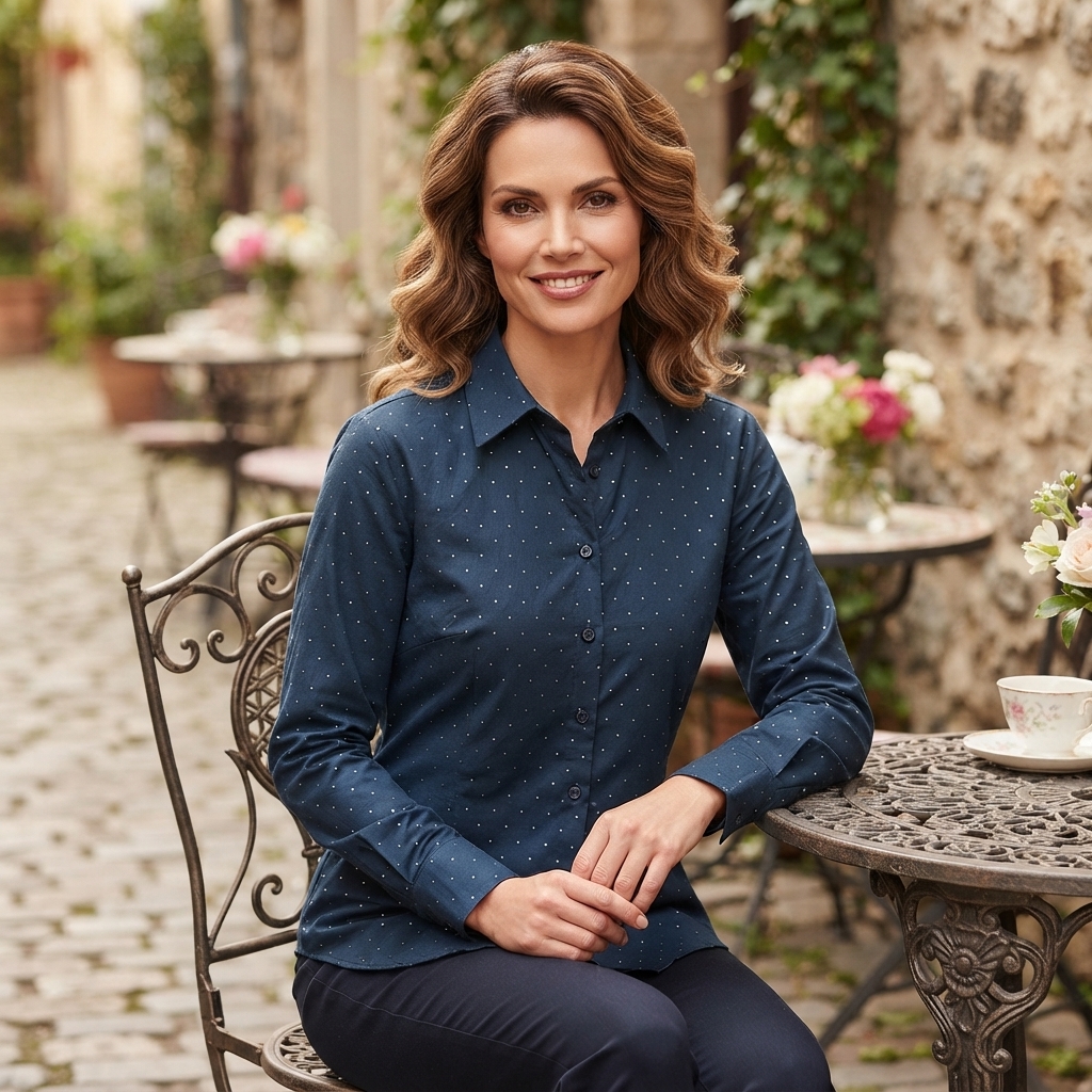 Camicia Donna Blu Notte in Viscosa con Micro-Punti Luce – Eleganza Classica e Luminosa