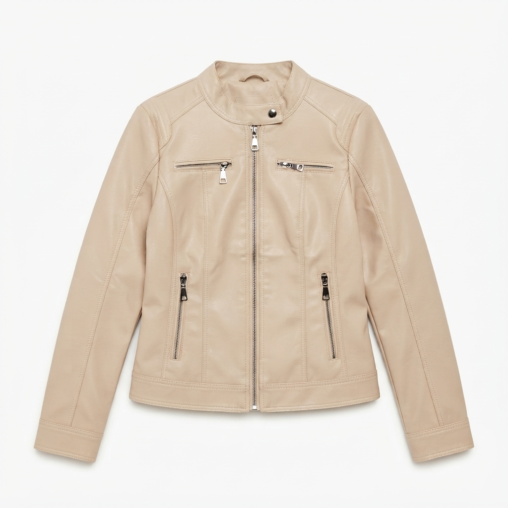 Giacca Donna in Similpelle Beige Beige Nude – Giubbotto Stile Moto con Collo Coreano