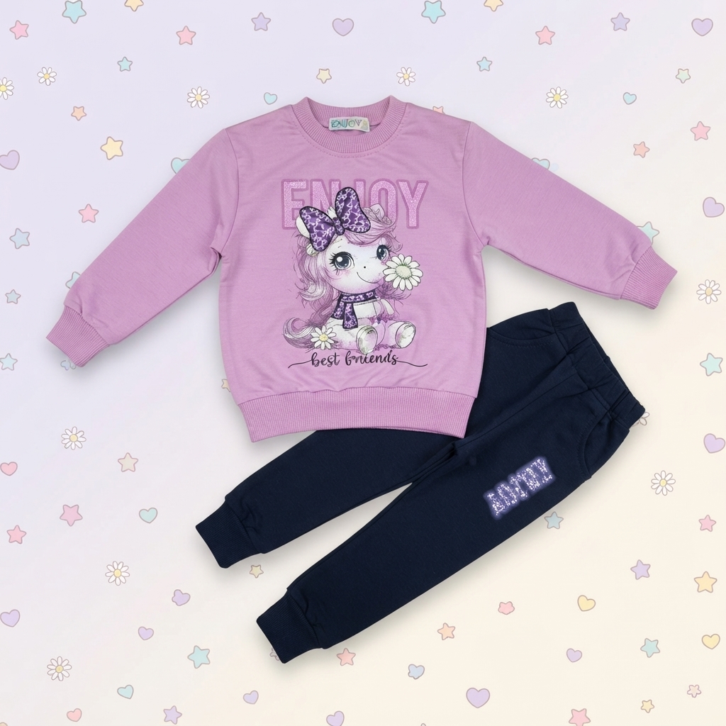Tuta Bambina Lillà e Blu Notte con Unicorno | Completo Sportivo Due Pezzi