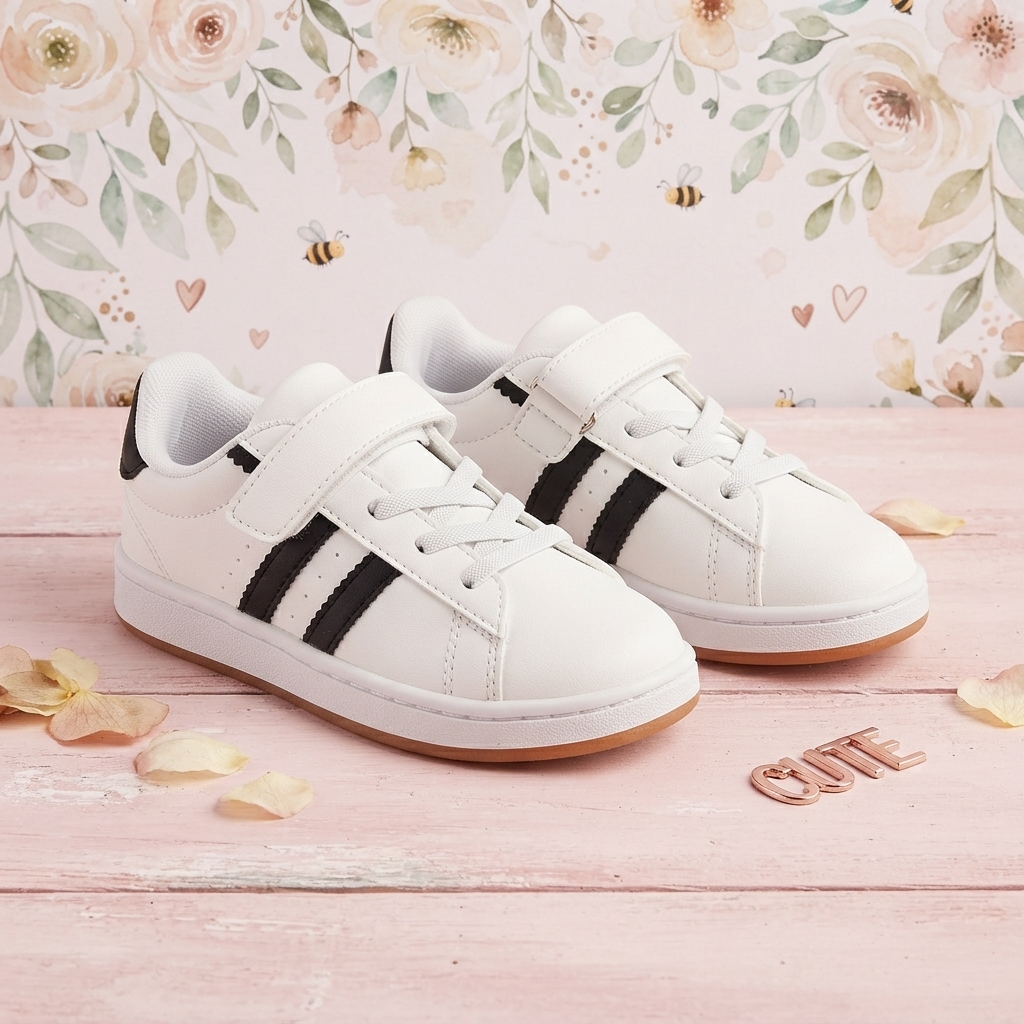 Sneakers Bianche da Bambino con Strappo e Bande Nere