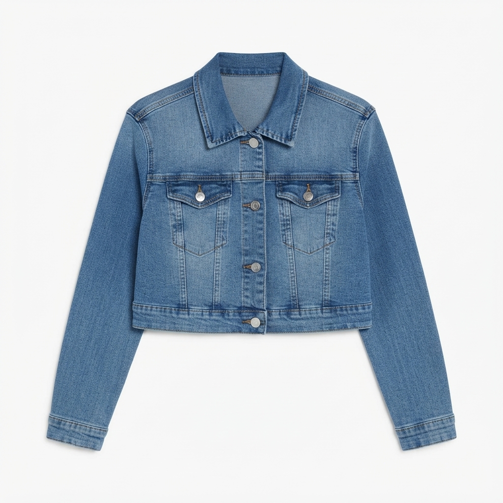 Giacca di Jeans Corta Donna Blu Medio – Giubbotto Denim Crop Mezza Stagione