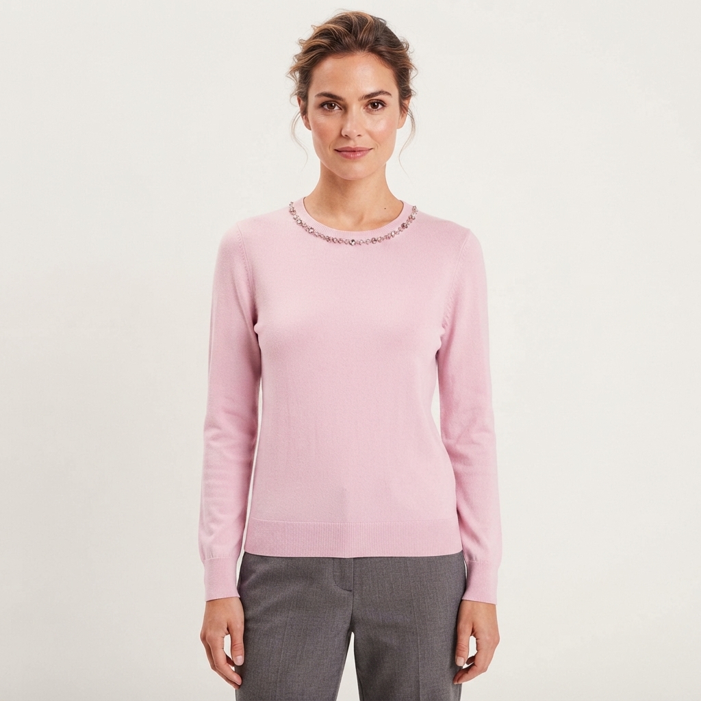Maglia Donna in Viscosa Rosa Cipria Girocollo con Scollo Gioiello – Pullover Elegante