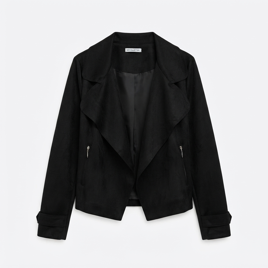 Giacca Donna Suede Nera Aperta sul Davanti – Blazer in Finto Camoscio con Revers